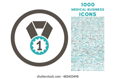 First Place rounded vector bicolor icon with 1000 medical business icons. Set style is flat pictograms, grey and cyan colors, white background.