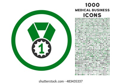 First Place rounded vector bicolor icon with 1000 medical business icons. Set style is flat pictograms, green and gray colors, white background.