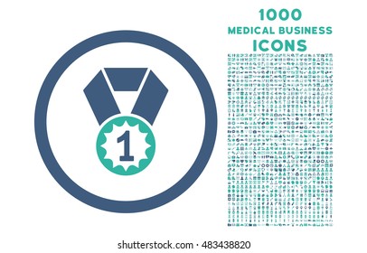 First Place rounded vector bicolor icon with 1000 medical business icons. Set style is flat pictograms, cobalt and cyan colors, white background.