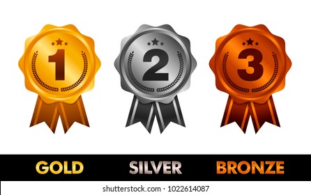 First place. Second place. Third place. Award Medals Set isolated on white with ribbons and stars. Vector illustration.