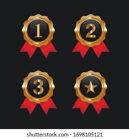 First place. Second place. Third place. Award Medals Set isolated on white with ribbons and stars. Vector illustration.