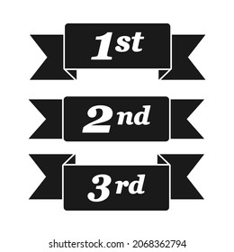 First place second place and third place award winner ribbons or banners in silhouette vector icon set