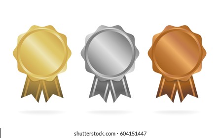 First place. Second place. Third place. Award Medals Set isolated on white with ribbons and stars. Vector illustration.