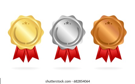 First place. Second place. Third place. Award Medals Set isolated on white with ribbons and stars. Vector illustration.