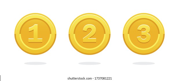 En primer lugar. Segundo lugar. Tercer lugar. Medalla de oro. Icono de moneda. Símbolo vector de dinero. Símbolo de pago bancario. Moneda de oro. Insignia de logro. Insignia de recompensa.
