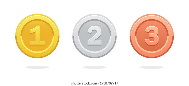 First place. Second place. Third place. Golden medal. Coin icon. Vector money symbol. Bank payment symbol. Golden coin. Achievement badge. Reward badge. Tokens with numbers. 1st, 2nd, 3rd places award
