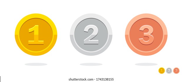 En primer lugar. Segundo lugar. Tercer lugar. Medalla de oro. Icono de moneda. Símbolo vector de dinero. Símbolo de pago bancario. Moneda de oro. Insignia de logro. Insignia de recompensa. Tokens con números. 1.ᵉʳ, 2º, 3º premio