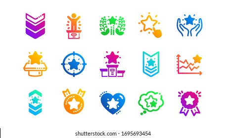 First place, star rating and winner medal. Ranking icons. Shoulder strap, army achievement and star ranking icons. Classic set. Gradient patterns. Quality signs set. Vector