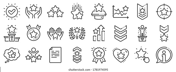 First Place, Star Rating And Winner Medal. Ranking Line Icons. Shoulder Strap, Army Achievement And Victory Ribbon Icons. Star Ranking, Champion And Winner Trophy. Best Level. Vector