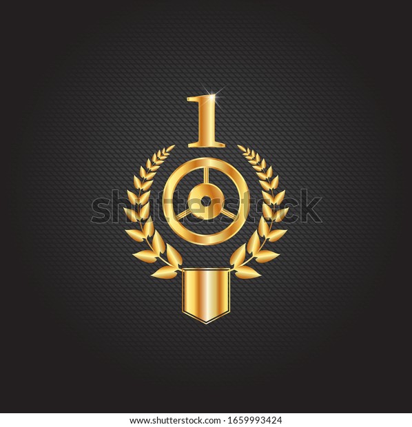 First place symbol, award\
winner icon. Golden design number one with wheel, laurel wreath and\
shield. Winning avto, moto sports competition. Success\
icon.