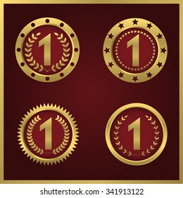 First place symbol set. Golden number one with laurel wreath icon, Vector illustration