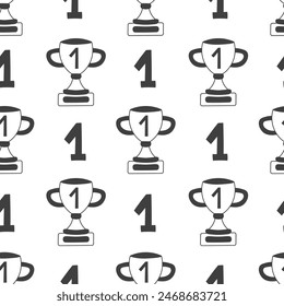 First Place Trophy Cup Seamless Pattern. Winner background. Black and white hand drawn repeat vector illustration. Competition Leadership Championship Challenge concept design