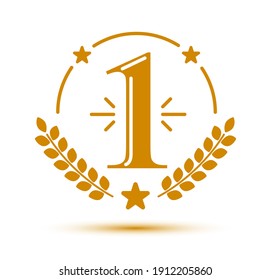 First place vector badge award, graphic design geometric simple emblem sticker number one, business success and victory theme label, classical style icon.