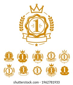Juego de premios vectoriales en primer lugar, diseño gráfico diseño geométrico sencillo pegatinas de emblema número uno colección, éxito empresarial y etiquetas temáticas de victoria, íconos de estilo clásico.
