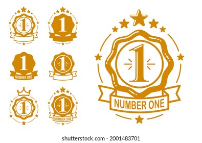 First place vector badge awards set, graphic design geometric simple emblems sticker number one collection, business success and victory theme labels, classical style icons.