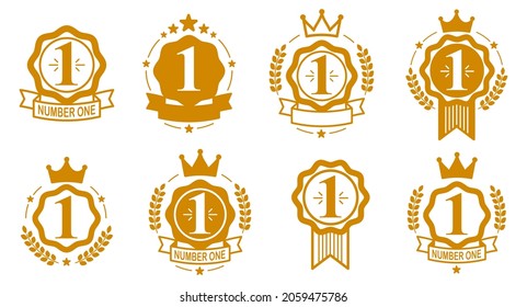 First place vector badge awards set, graphic design geometric simple emblem stickers number one collection, business success and victory theme labels, classical style icons.