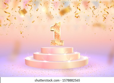 First place vector illustration. First anniversary celebration. Number one on pedestal web banner. Gold podium for winner on warm blur background