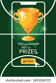 First place victory, competition winner, digital or electronic reward, internet web champion. Cartoon golden cup and smartphone. Online award goal achievement vector