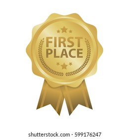 First place win gold badges vector illustration.