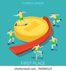 First place win pedestal gold medal flat 3d isometry isometric sport concept web vector illustration. Creative people collection.