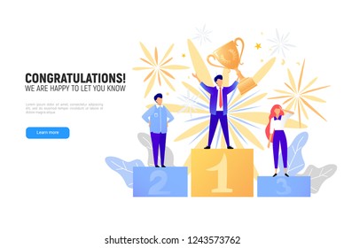 First place winner award. Champion standing on a podium with a prize. Man victory concept. Success vector illustration