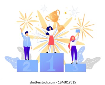First place winner award. Champion standing on a podium with a prize. Woman victory concept. Success vector illustration