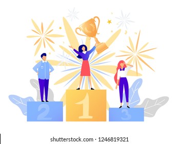 First place winner award. Champion standing on a podium with a prize. Woman victory concept. Success vector illustration