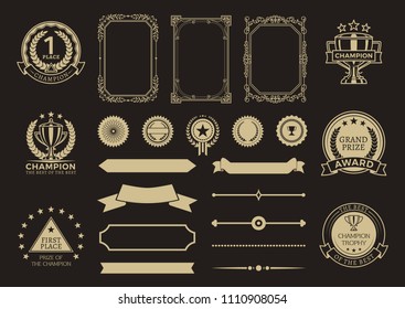 First place winner collection of emblems, badges and stickers, decorated frames, empty banners, headlines on awards isolated on vector illustration