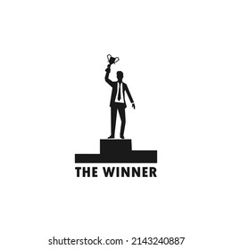 First place winner holding a trophy cup simple black vector silhouette illustration.