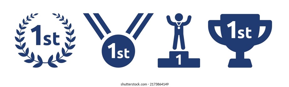 First place winner icon vector set. Champion win trophy and medal with 1st sign symbol illustration.