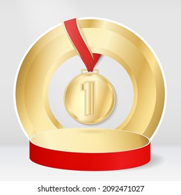 First place winner podium with gold medal on red ribbon. Realistic 3D golden award stage background. Champion 1 place pedestal mock up. Vector illustration