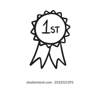 Primer lugar, recompensa del ganador, icono de doodle dibujado a mano de roseta. Icono de medalla número 1 Signo de Vector simple. Ilustración vectorial