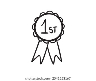 Primer lugar, recompensa del ganador, icono de doodle dibujado a mano de roseta. Icono de medalla número 1 Signo de Vector simple. Ilustración vectorial