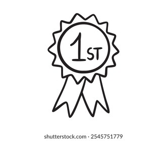 Primer lugar, recompensa del ganador, icono de doodle dibujado a mano de roseta. Icono de medalla número 1 Signo de Vector simple. Ilustración vectorial