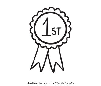 Primer lugar, recompensa del ganador, icono de doodle dibujado a mano de roseta. Icono de medalla número 1 Signo de Vector simple. Ilustración vectorial