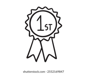 Primer lugar, recompensa del ganador, icono de doodle dibujado a mano de roseta. Icono de medalla número 1 Signo de Vector simple. Ilustración vectorial