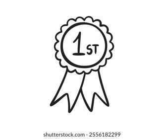 First place, winner reward, rosette hand drawn doodle icon. Medal number 1 icon Simple vector sign. Vector illustration
