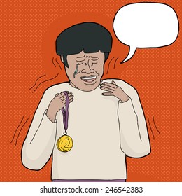 First place winner shaking and crying while holding gold medal