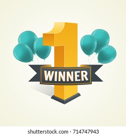 First place winner. Victory achievement with balloons. Sport champion celebration with gold trophy, prize. Vector illustration poster or banner.