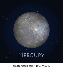 First planet in solar system. Mercury icon. Gray sphere object in outer space or cosmos, universe, galaxy. Realistic cosmic object. Astronomy and NASA, exploration and science, planetarium theme