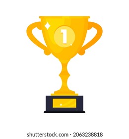First plase win golden award trophy goblet cup icon sign flat style design vector illustration isolated on white background.