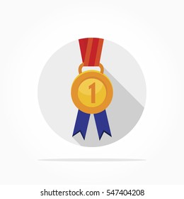 first position circle golden medal with blue and red ribbon all in grey circle flat design with shadow effect
