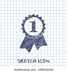 First prize badge with ribbons vector sketch icon 