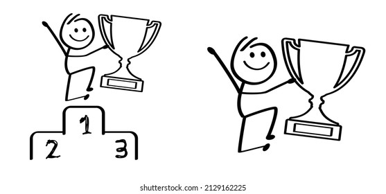 First prize. Cartoon winner trophy icon. Vector champion sport logo or pictogram. Cup symbol of victory event. Happy stickman, stick figure