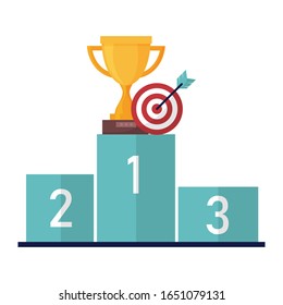 First prize champion trophy on podium. business and finance concept. No.1 for success. vector illustration flat design. isolated on white background. sports award icon.