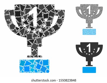 First prize cup mosaic of tuberous pieces in various sizes and color tones, based on first prize cup icon. Vector irregular parts are composed into mosaic.