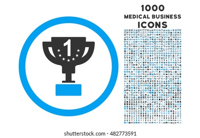 First Prize Cup rounded vector bicolor icon with 1000 medical business icons. Set style is flat pictograms, blue and gray colors, white background.