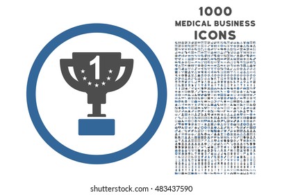 First Prize Cup rounded vector bicolor icon with 1000 medical business icons. Set style is flat pictograms, cobalt and gray colors, white background.