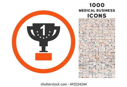 First Prize Cup rounded vector bicolor icon with 1000 medical business icons. Set style is flat pictograms, orange and gray colors, white background.