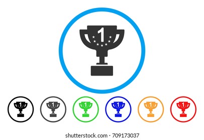 First Prize Cup vector rounded icon. Image style is a flat gray icon symbol inside a blue circle. Additional color variants are gray, black, blue, green, red, orange.